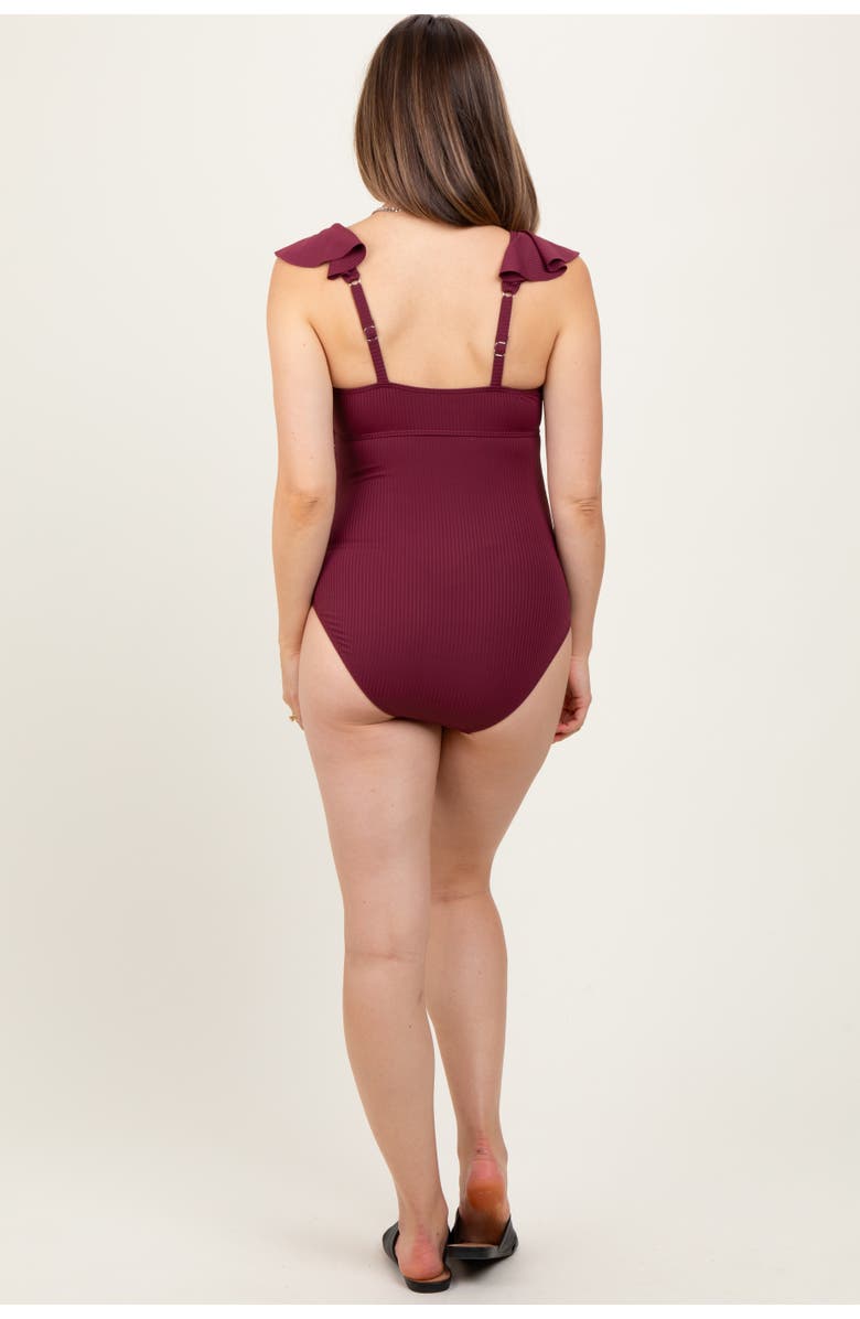 PinkBlush Rib Ruffle V Neck Side Tie Knot Swimsuit, Alternate, color, Burgundy
