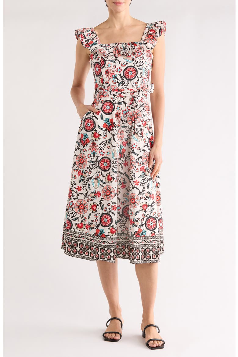 Ruffle Cap Sleeve Fit & Flare Midi Dress, Main, color, GARDEN PARTY PRINT