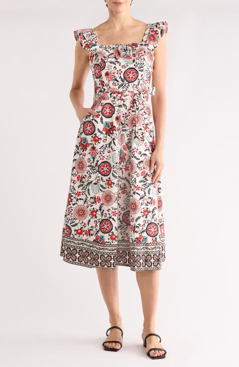 Ruffle Cap Sleeve Fit & Flare Midi Dress