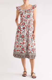 T Tahari Ruffle Cap Sleeve Fit & Flare Midi Dress