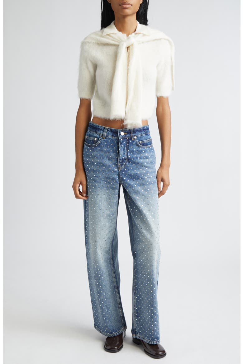 Crystal Embelished Wide Leg Jeans, Alternate, color, INDIGO