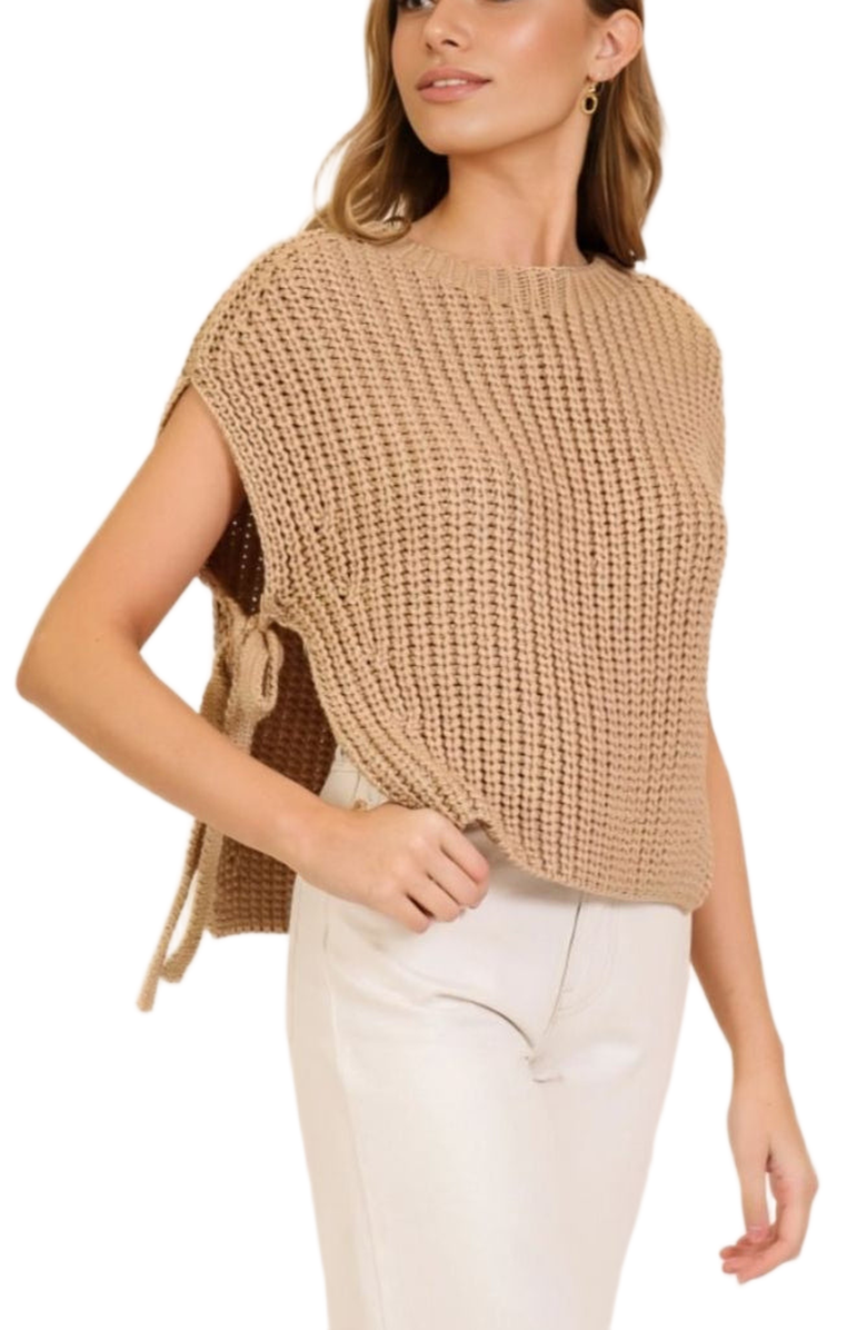 Knit and Lounge Sleeveless Knit Sweater with Side Tie Detail, Alternate, color, Camel