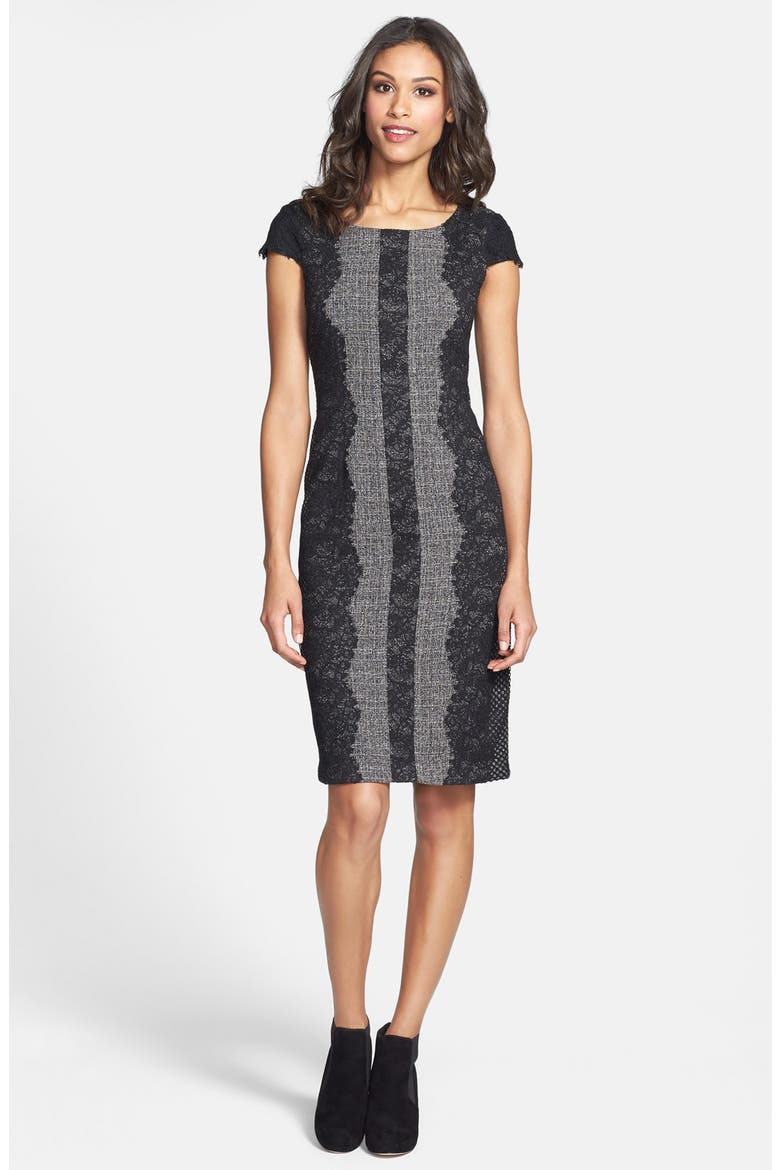 Lace Trim Tweed Sheath Dress, Alternate, color, BLACK/ GREY