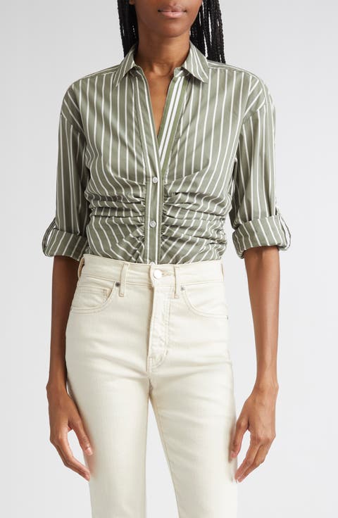 Devra Stripe Ruched Cotton Blend Button-Up Shirt