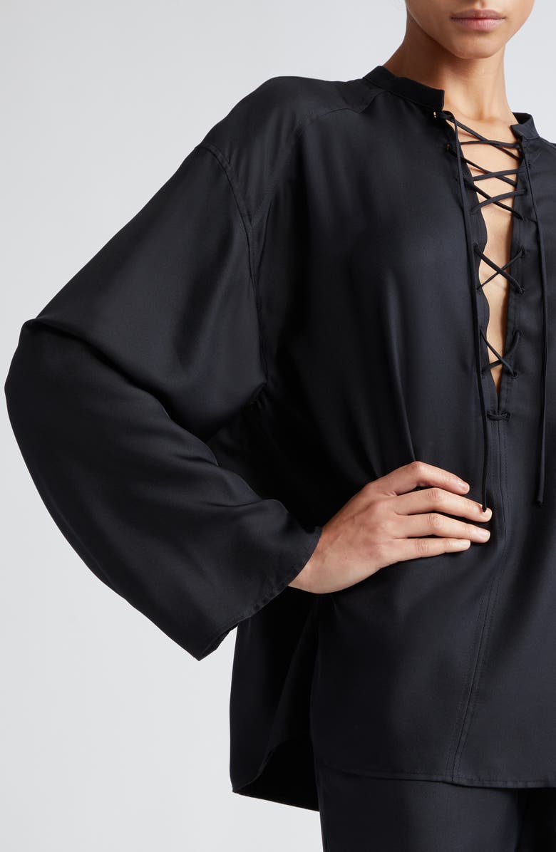 LOULOU DE SAISON Zamia Lace-Up Plunge Neck Silk Top, Alternate, color, 