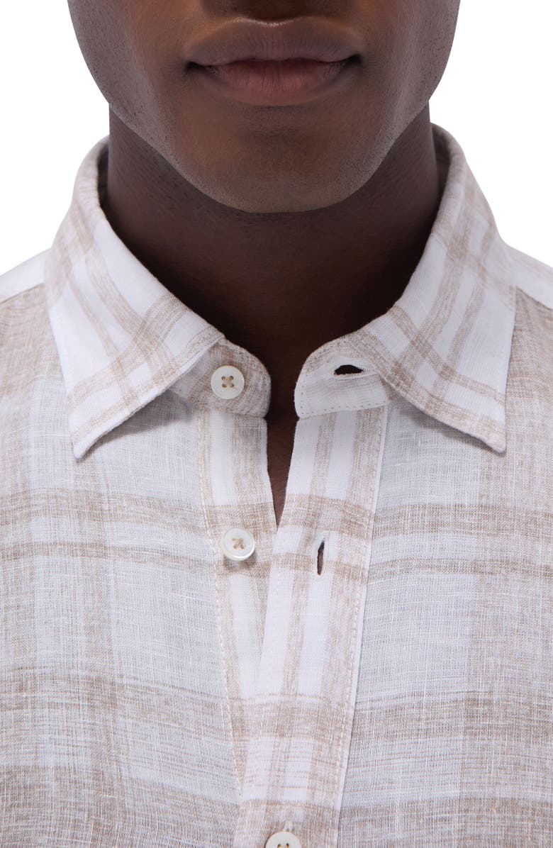 Bugatchi Julian Plaid Slub Linen Button-Up Shirt, Alternate, color, Sand