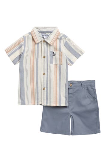 Original Penguin Kids'  Short Sleeve Button-up Camp Shirt & Shorts Set In Green