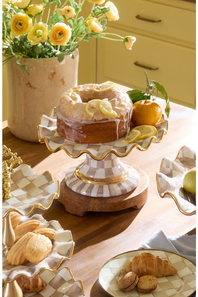 Mocha Check Ceramic Fluted Cake Stand, Alternate, color, MOCHA