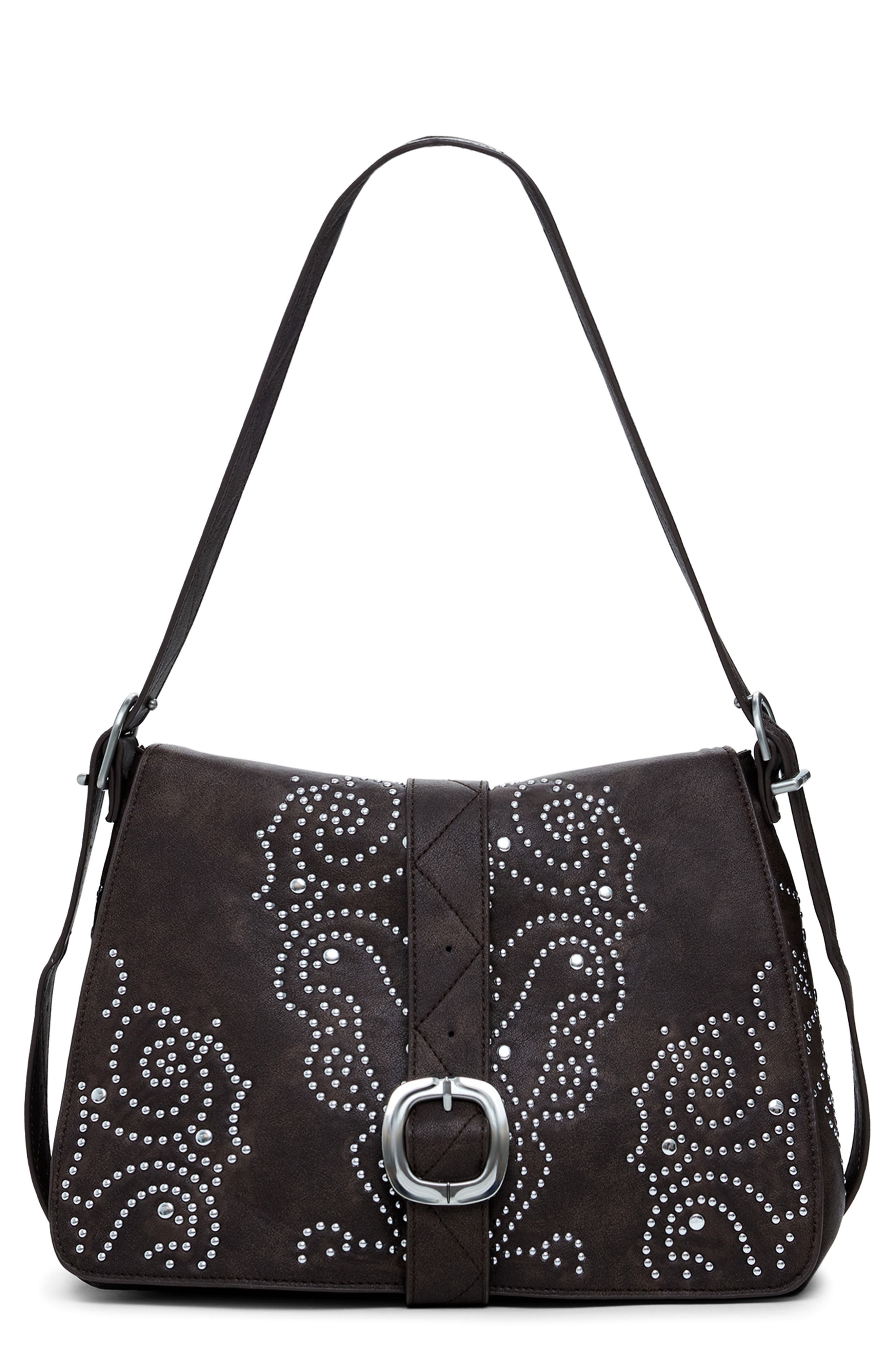 Desigual Studded Faux Leather Crossbody Bag, Main, color, Dark Brown