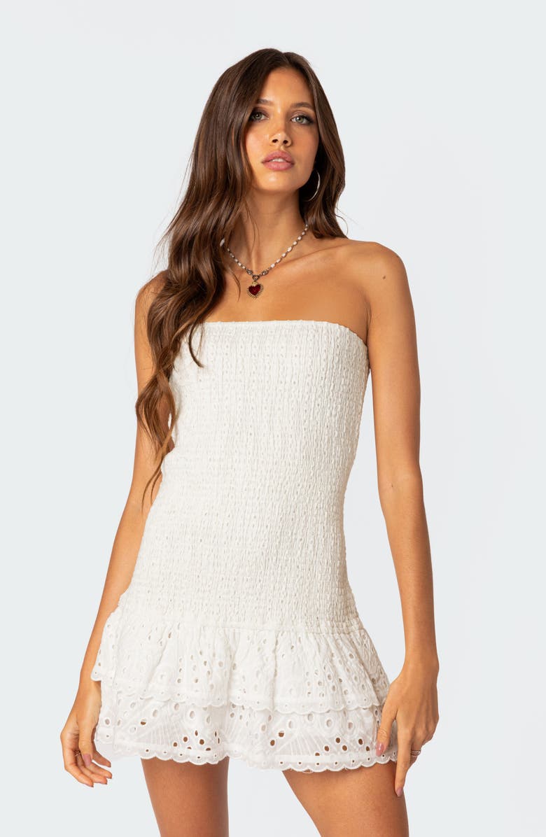 EDIKTED Livia Strapless Cotton Eyelet Minidress, Alternate, color, White