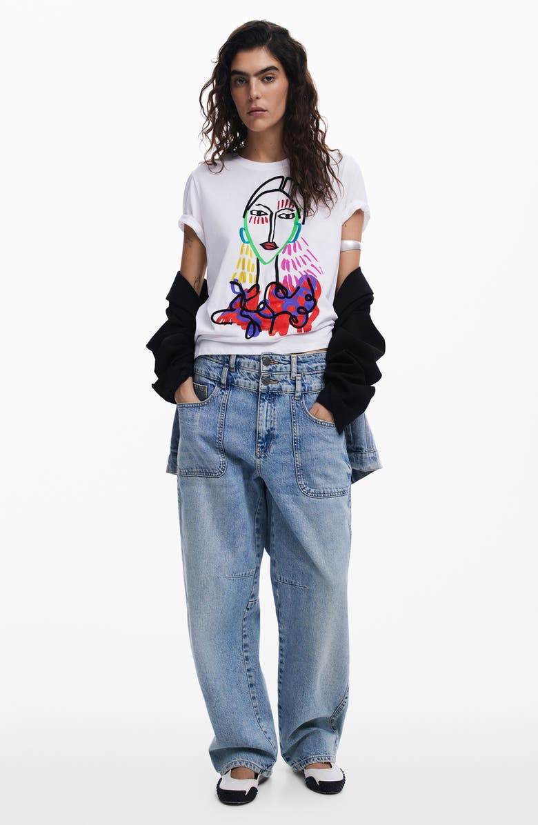 Desigual Embroidered Face Graphic T-Shirt, Alternate, color, 