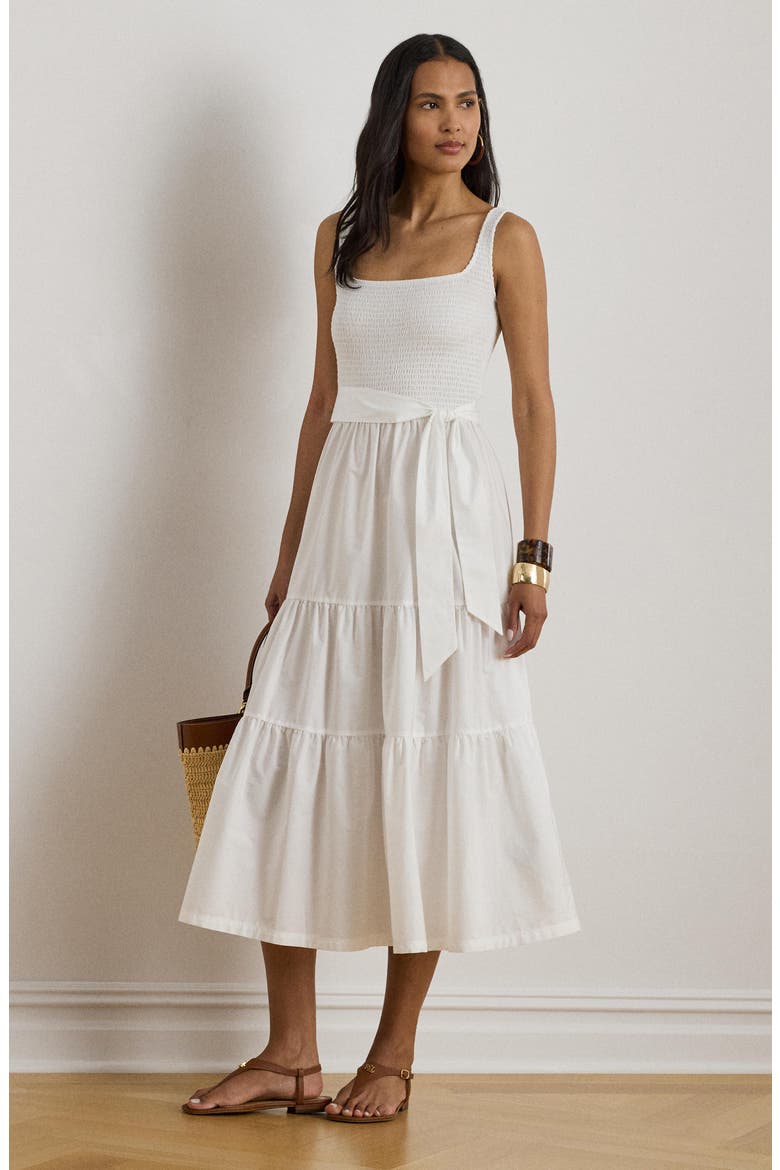 Smocked Bodice Sleeveless Tiered Midi Dress, Alternate, color, WHITE