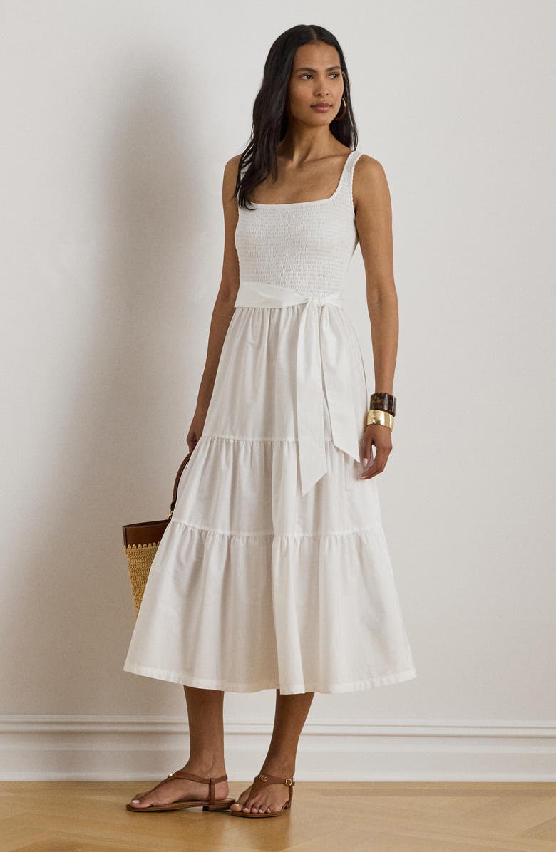 Lauren Ralph Lauren Smocked Bodice Sleeveless Tiered Midi Dress, Alternate, color, White