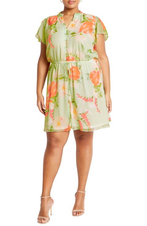 Christa Floral Print Button-Up Chiffon Dress (Plus)