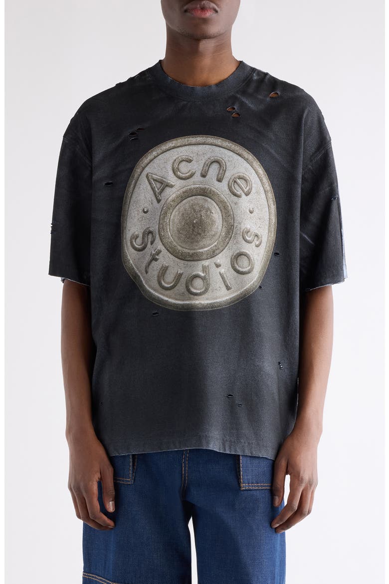 Exford U Distressed Coated Button Logo Graphic T-Shirt, Main, color, BLACK