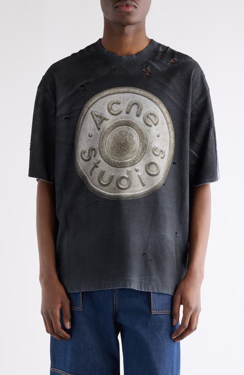 Exford U Distressed Coated Button Logo Graphic T-Shirt