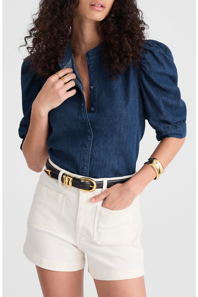 Denim Puff Sleeve Band Collar Shirt, Main, color, PLUMVILLE WASH