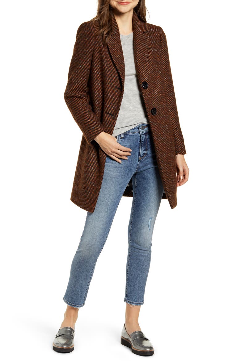 Rib Tweed Car Coat, Main, color, BRN/ BLK STRIPE