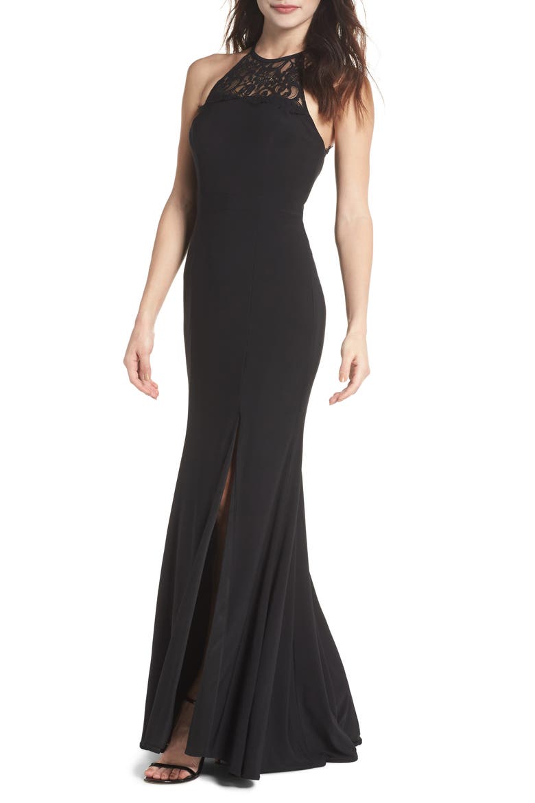 Xscape Lace Neck Halter Gown, Main, color, BLACK