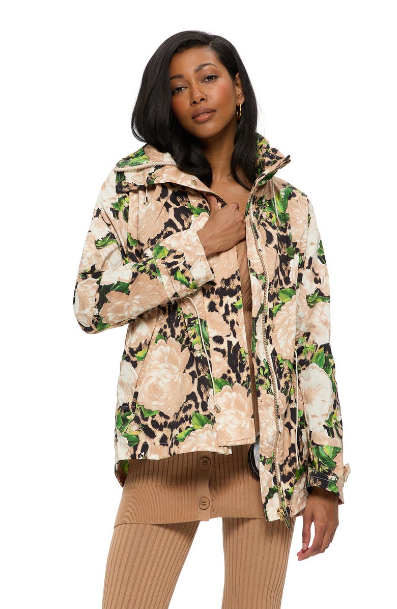 GORSKI Lightweight Floral Printed Jacket With Concealed Hood, Alternate, color, Beige Floral Lprd/Beige