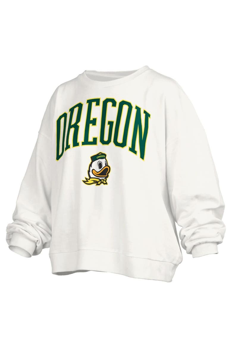 Women's Pressbox White Oregon Ducks Janise Arch Over Logo Waist Length Oversized Pullover Sweatshirt, Alternate, color, White