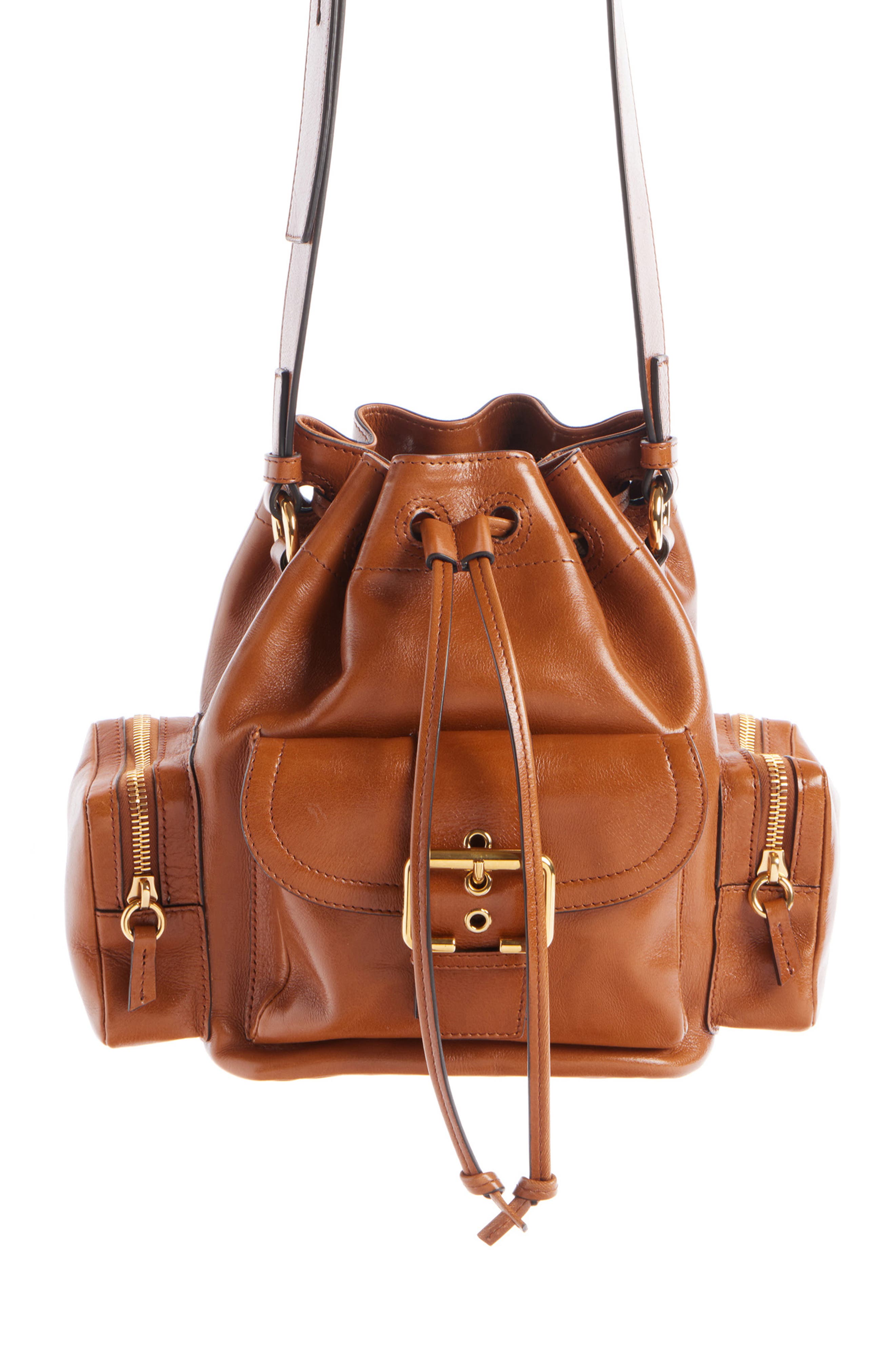 Camera Leather Bucket Bag, Main, color, CLAY BROWN