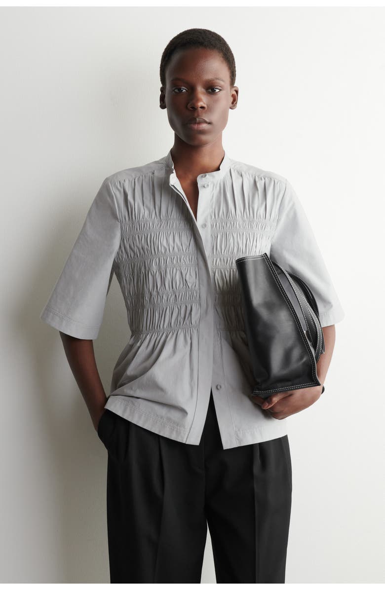 COS Ruched Cotton Blouse, Main, color, Light Gray