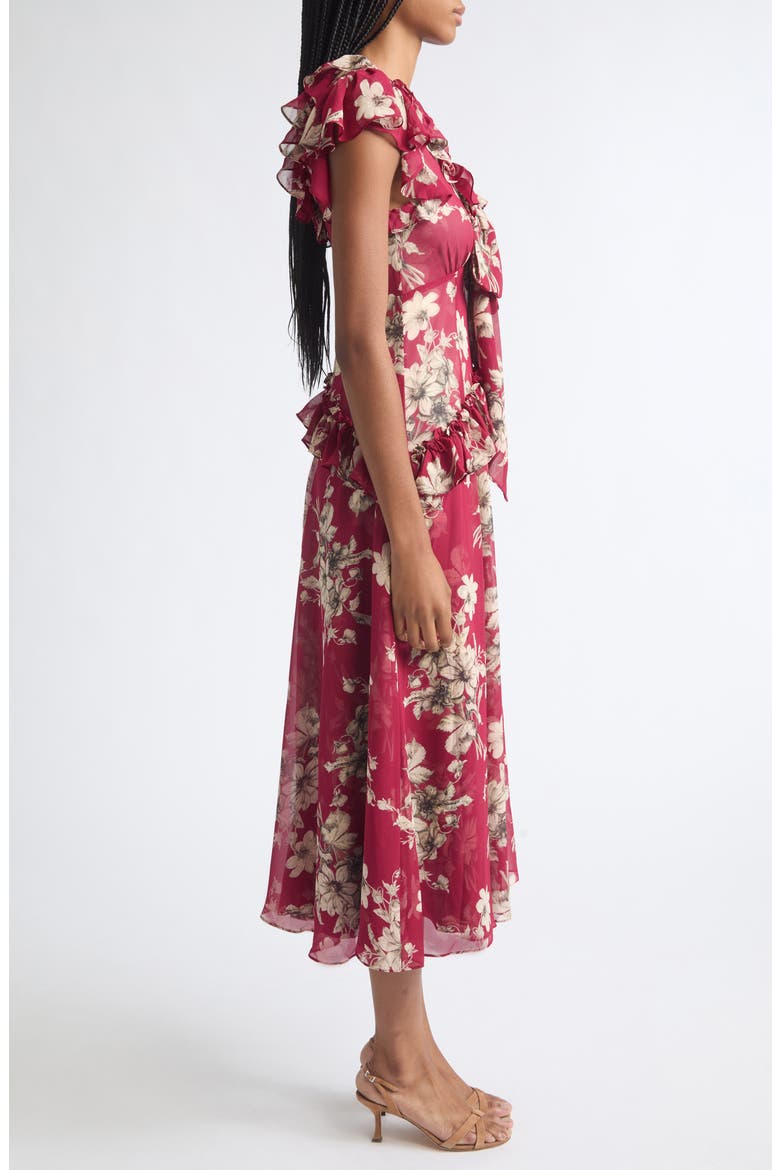 Floral Ruffle Chiffon Midi Dress, Alternate, color, BERRYWINE/ GARDENIA