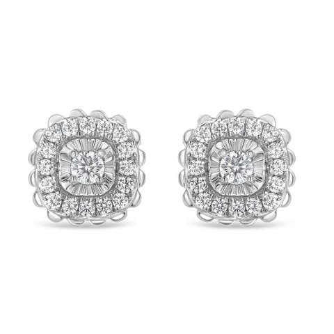 Silver 1/2 Ct RoundDiamond Halo Cluster Stud Earring