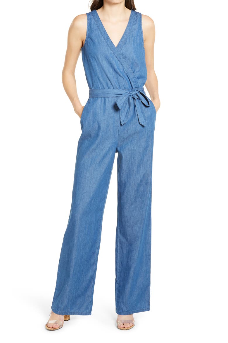 Surplice Chambray Jumpsuit, Main, color, MED WASH