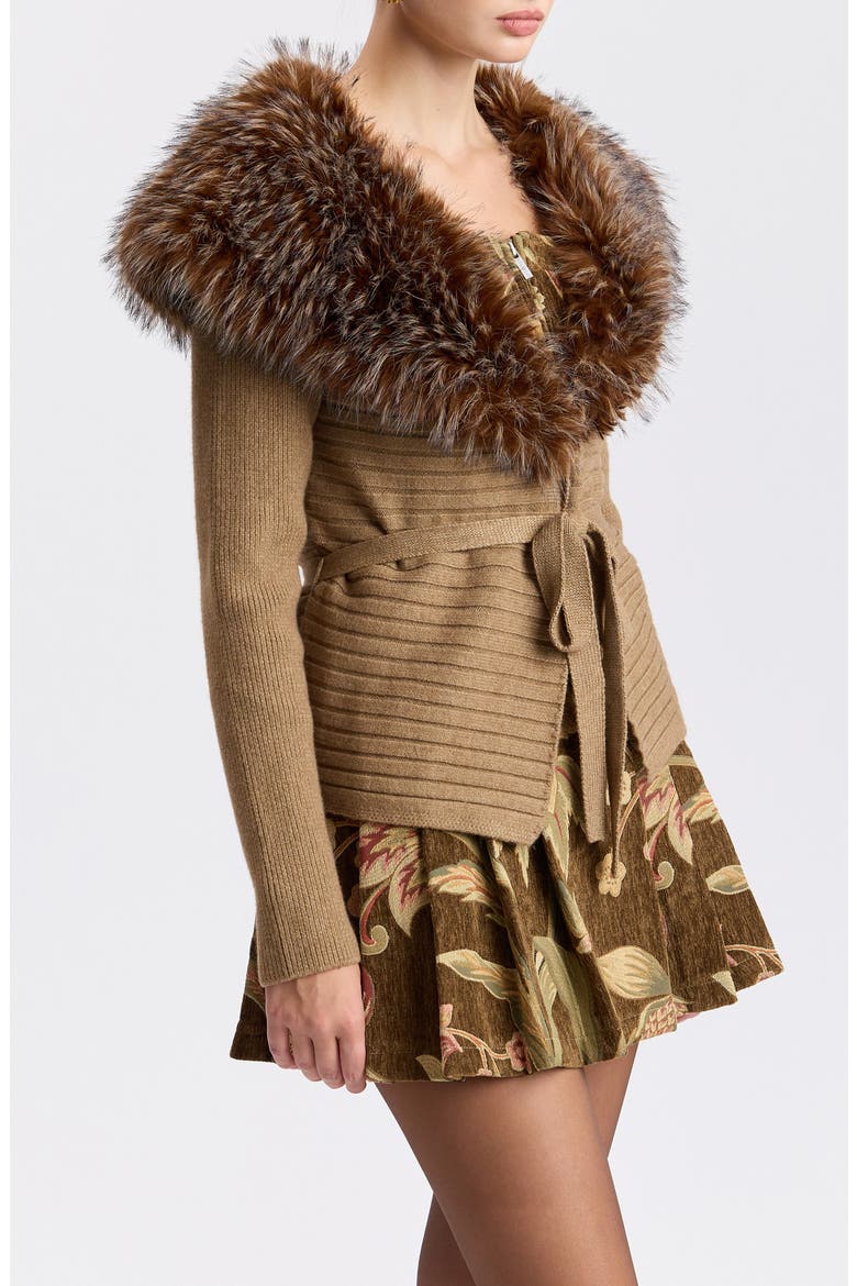 Faux Fur Collar Ribbed Cardigan, Alternate, color, CAMEL