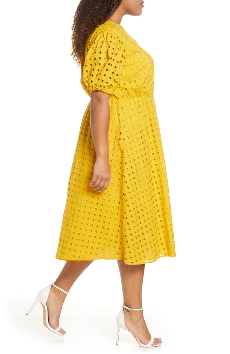 ELOQUII Puff Sleeve Eyelet Midi Dress, Alternate, color,