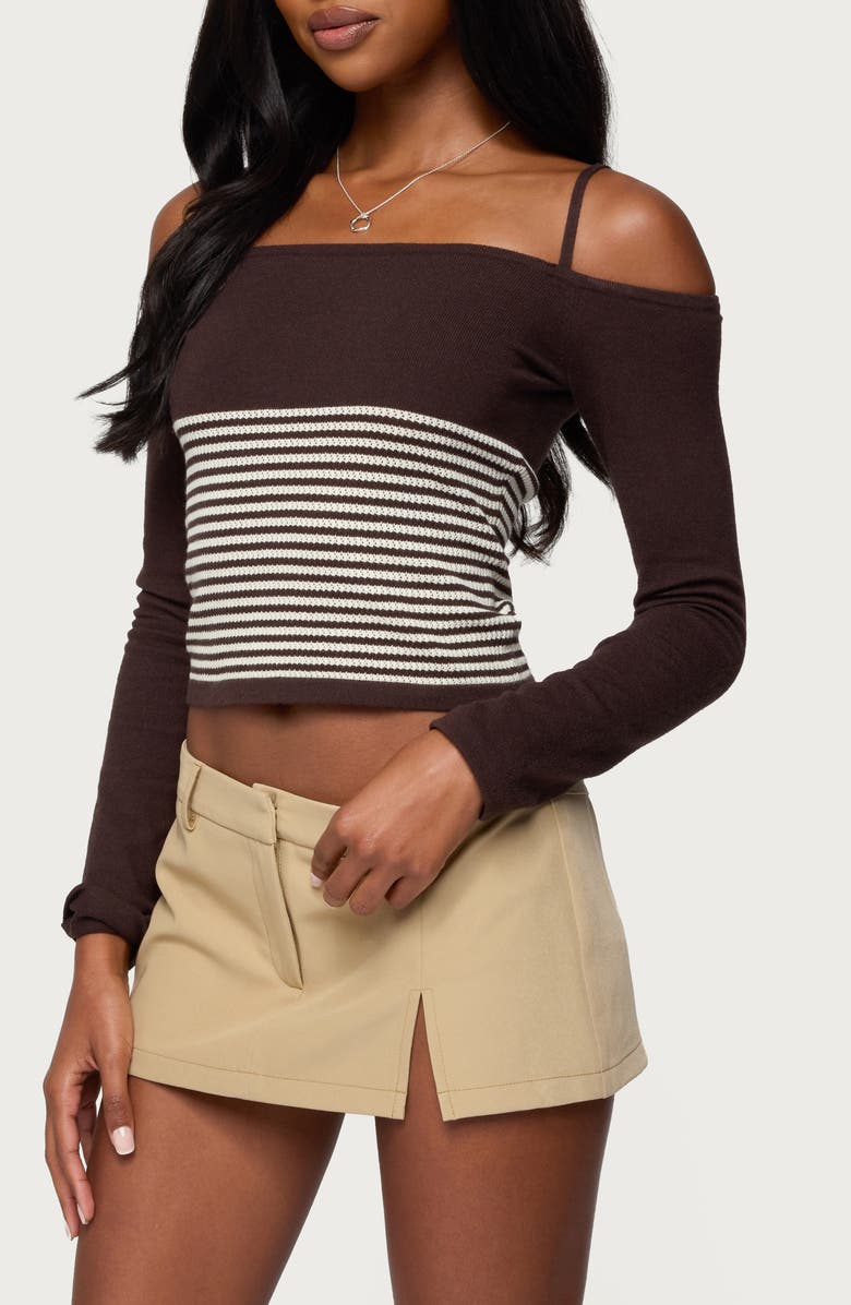 EDIKTED Darya Stripe Cold Shoulder Crop Top, Alternate, color, Brown