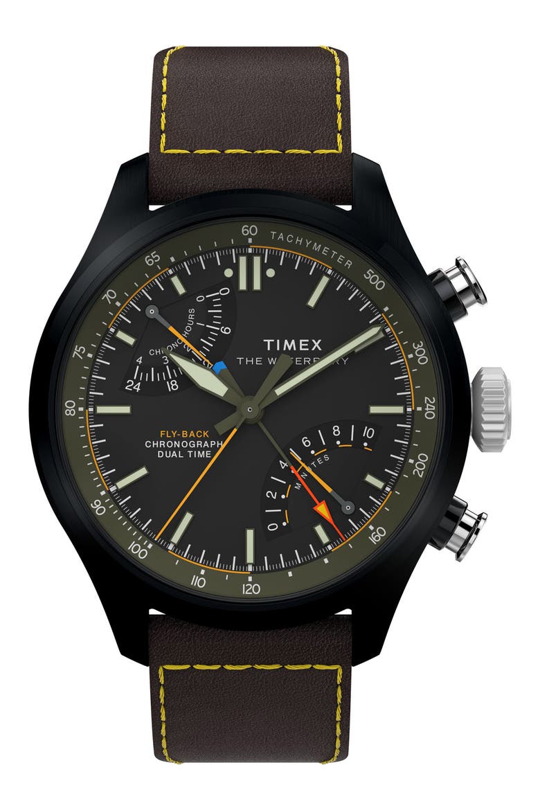 Waterbury Ace Fly-Back Chronograph Leather Strap Watch, Main, color, BLACK