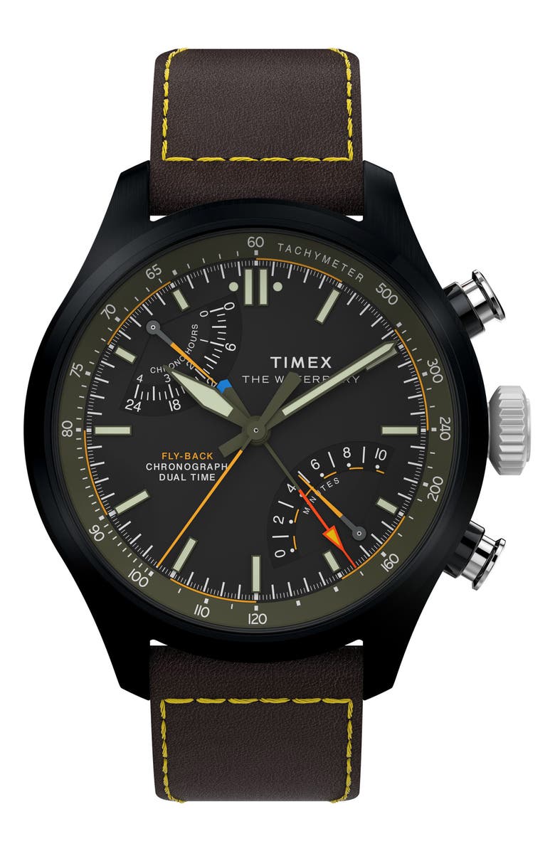 Timex<sup>®</sup> Waterbury Ace Fly-Back Chronograph Leather Strap Watch, Main, color, Black
