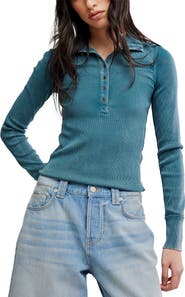 Free People Lake Stand Collar Stretch Cotton Rib Henley