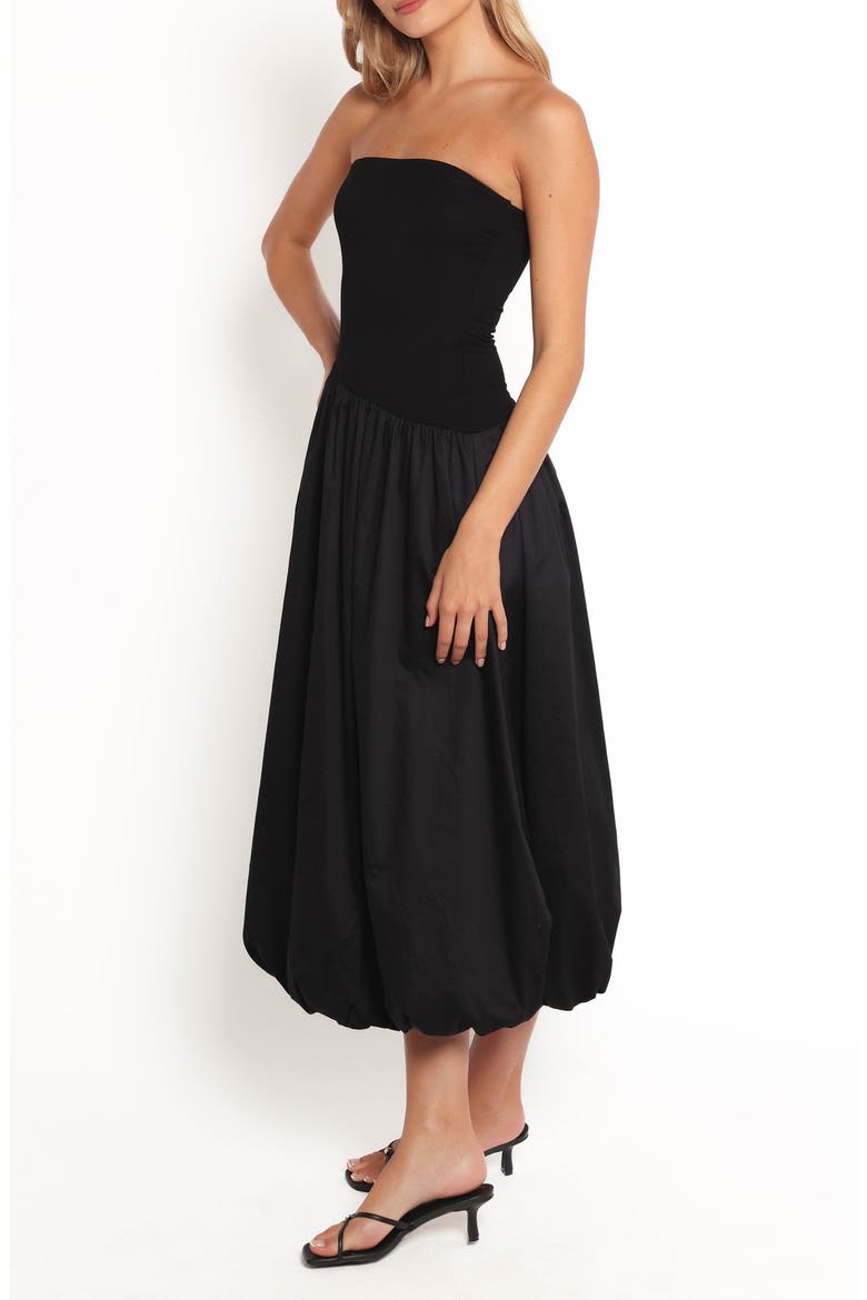 Annalyse Strapless Bubble Hem Mixed Media Midi Dress, Alternate, color, BLACK