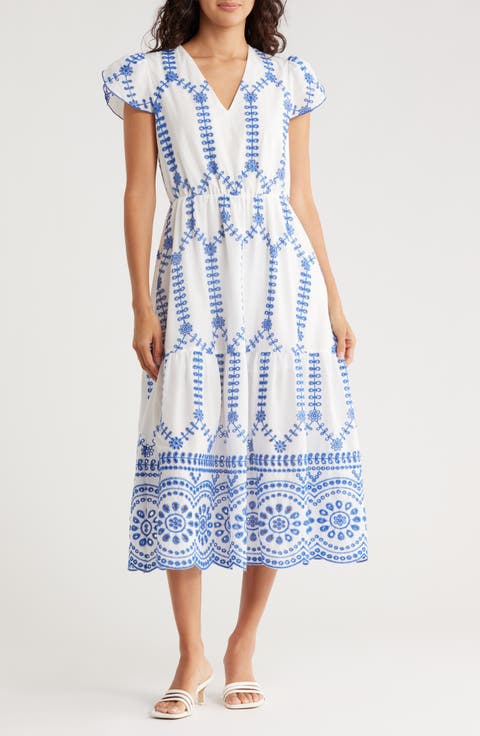Ani Embroidered Eyelet Cap Sleeve Midi Dress