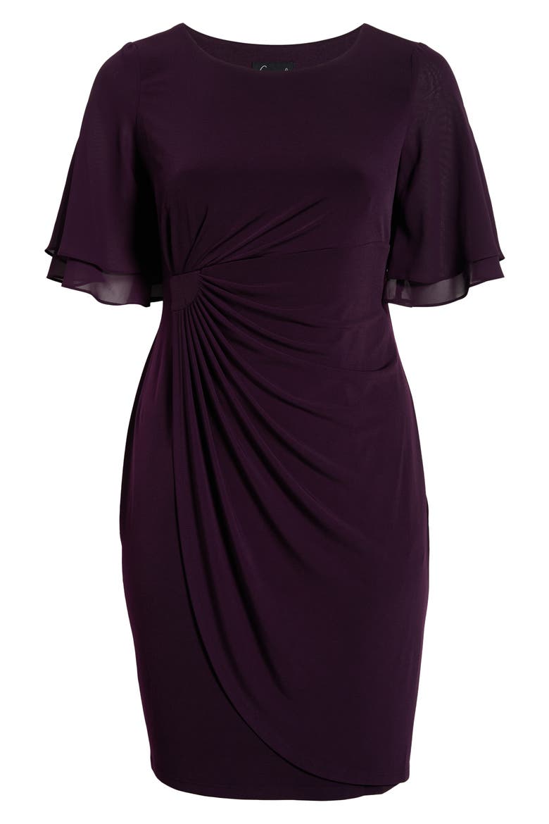 Double Flutter Sleeve Faux Wrap Dress, Alternate, color, AUBERGINE/ GOLD
