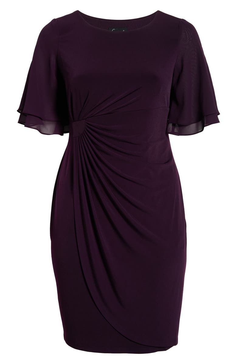 Connected Apparel Double Flutter Sleeve Faux Wrap Dress, Alternate, color, Aubergine/ Gold