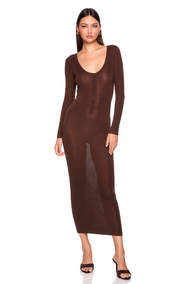 Merino Wool Henley Long Sleeved Dress, Alternate, color, JAVA