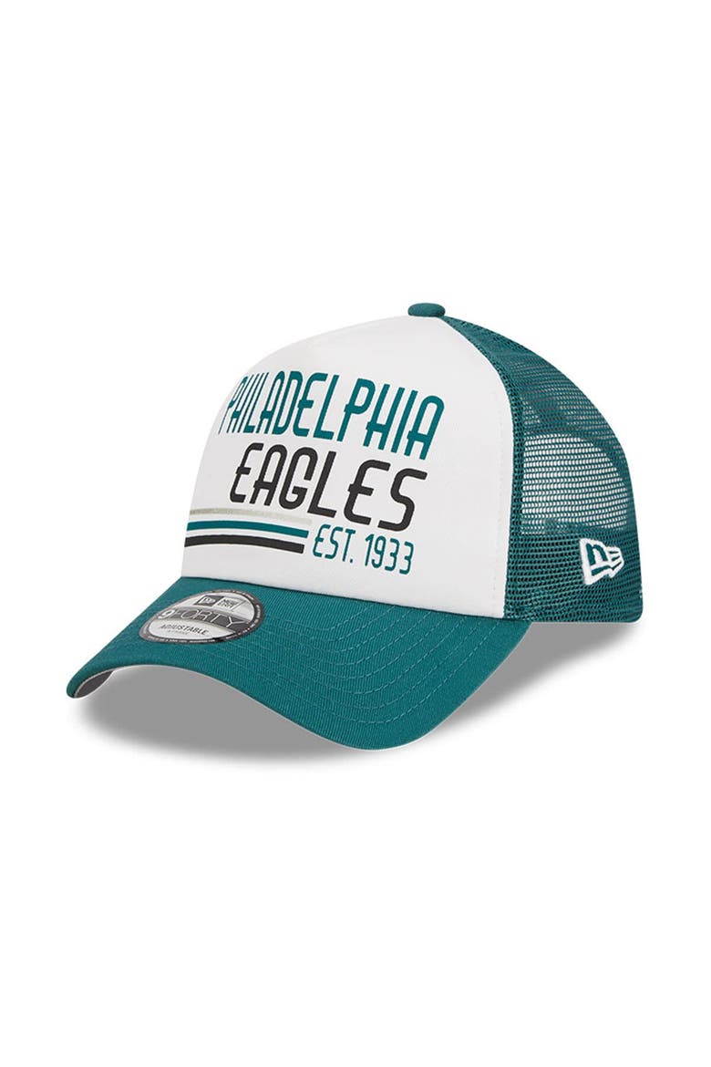 Men's New Era White/Midnight Green Philadelphia Eagles Stacked A-Frame Trucker 9FORTY Adjustable Hat, Main, color, White