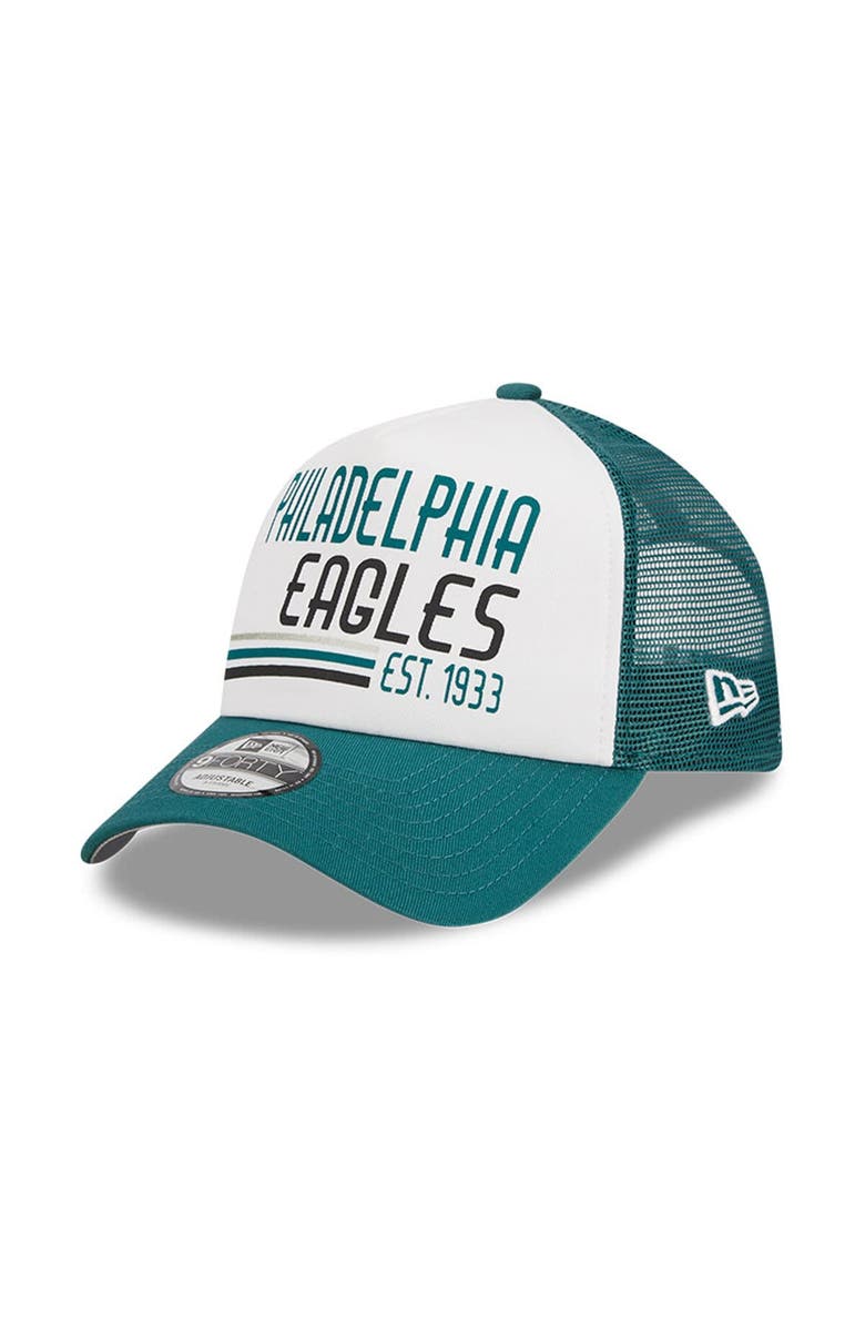 New Era Men's New Era White/Midnight Green Philadelphia Eagles Stacked A-Frame Trucker 9FORTY Adjustable Hat, Main, color, White