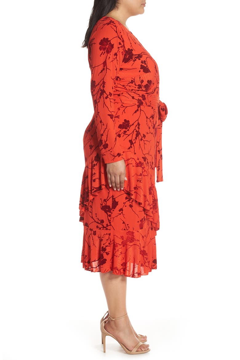 Ruffle Hem Faux Wrap Midi Dress, Alternate, color, FIRE