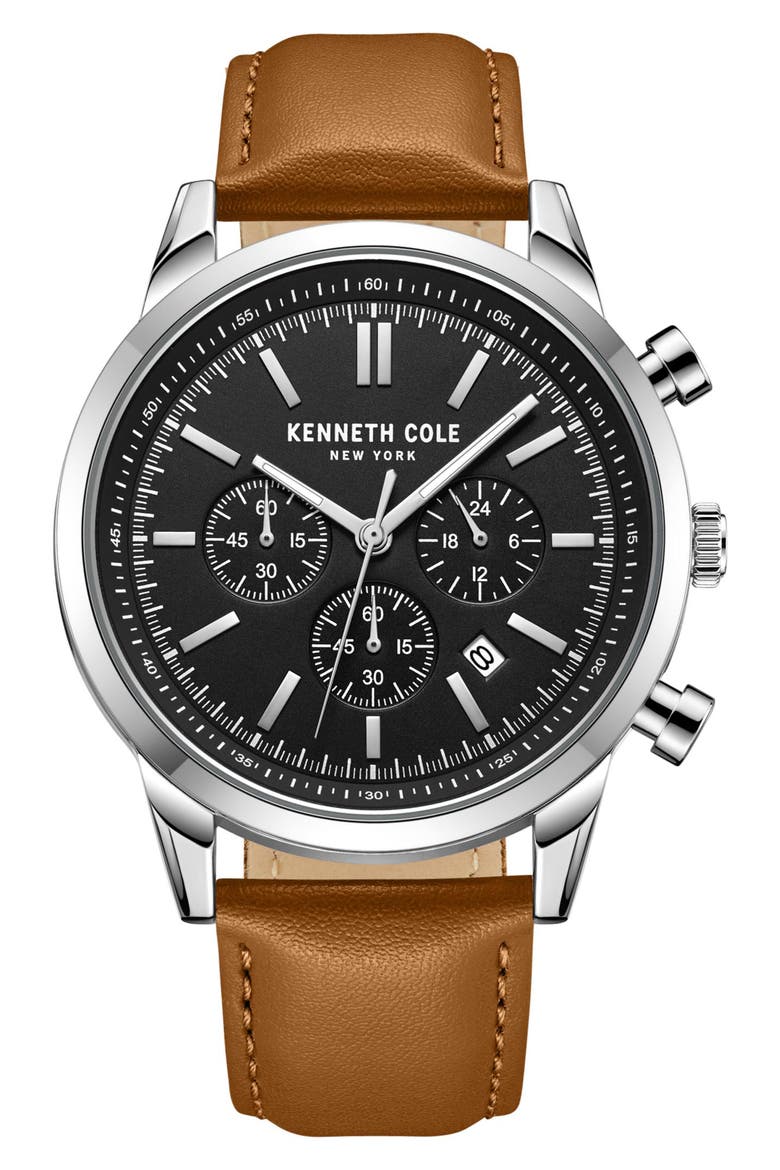 Dress Sport Leather Strap Watch, 45mm, Main, color, TAN