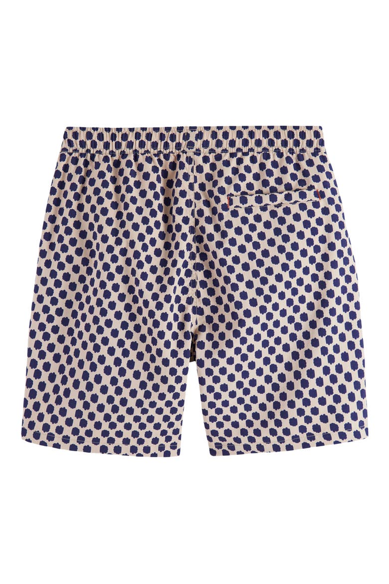 Print Mid Length Swim Trunks, Alternate, color, POLKA NAVY BLUE