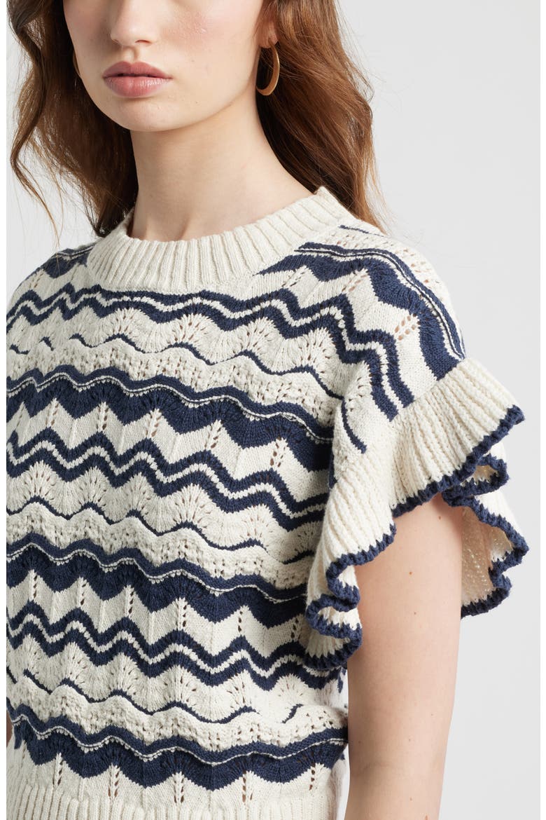Flutter Sleeve Cotton Pointelle & Rib Sweater, Alternate, color, NAVY- IVORY WAVE STRIPE