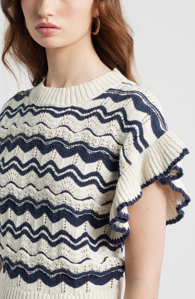 Treasure & Bond Flutter Sleeve Cotton Pointelle & Rib Sweater, Alternate, color, Navy- Ivory Wave Stripe
