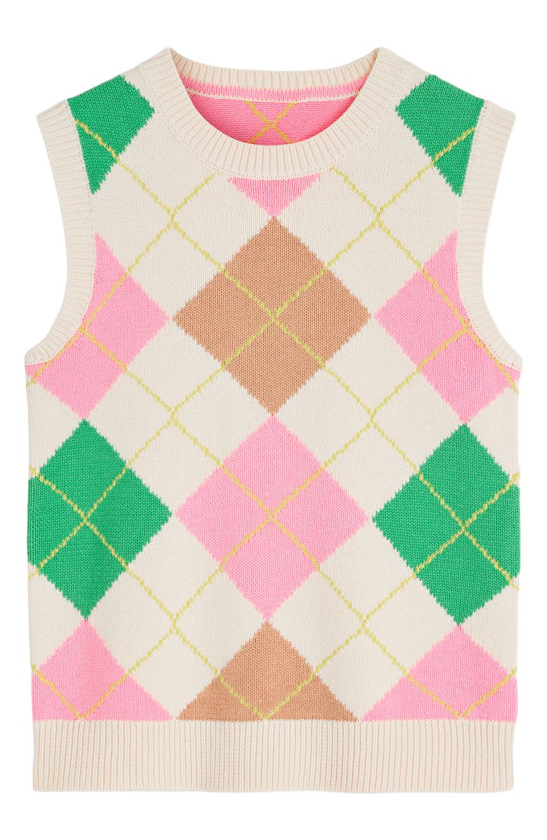 Boden Lucy Knit Cotton Sweater Vest, Alternate, color, Green/ Pink Argyle