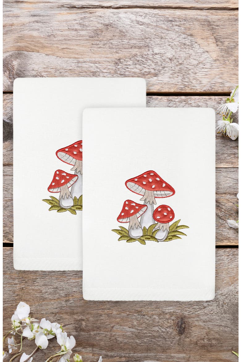 Set of 2 Spring Mushrooms Embroidered Turkish Cotton Hand Towels, Alternate, color, WHITE
